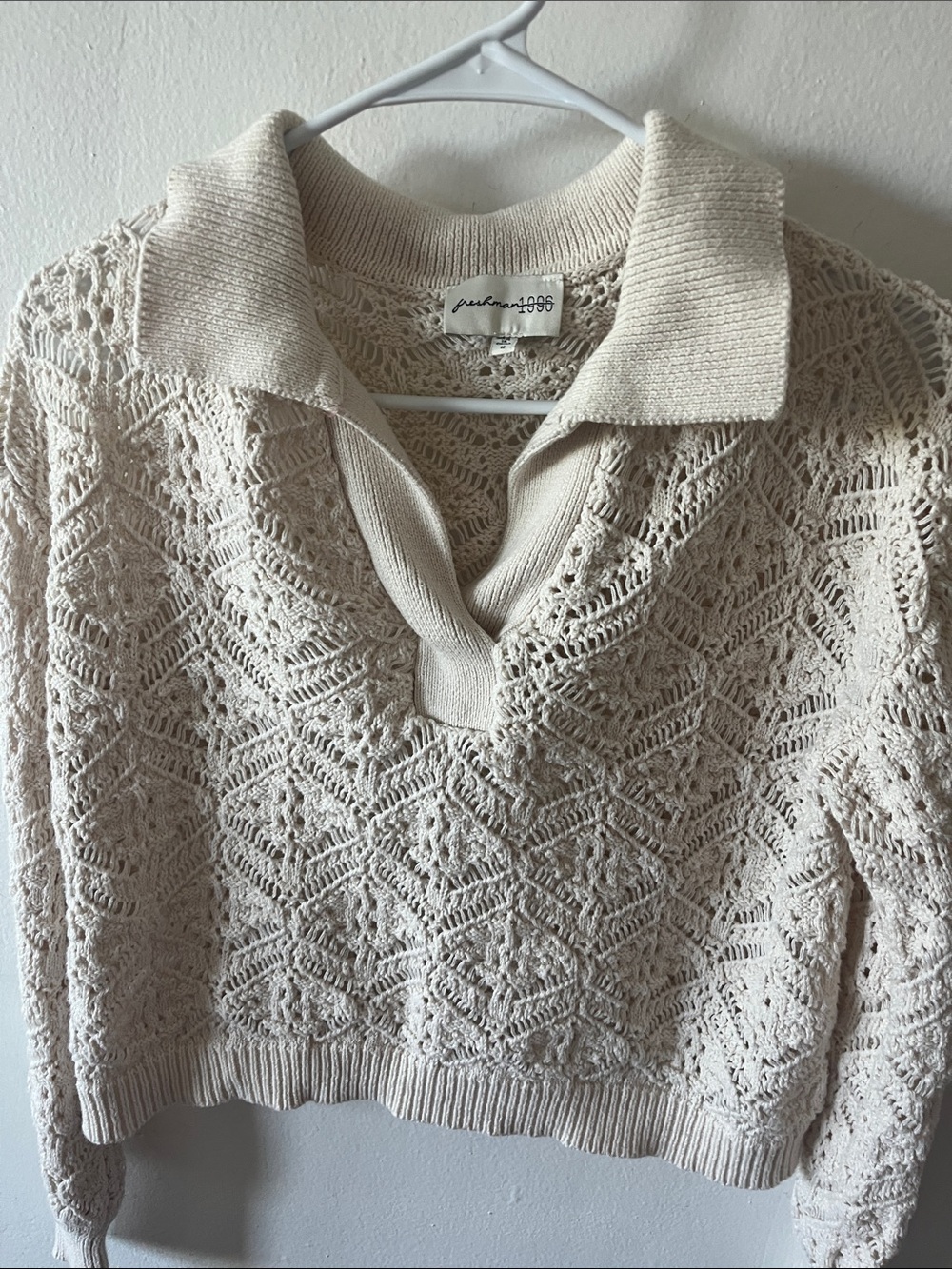 Open-Knit V-Neck Polo Sweater in Cream See-Through - Picture 3 of 8
